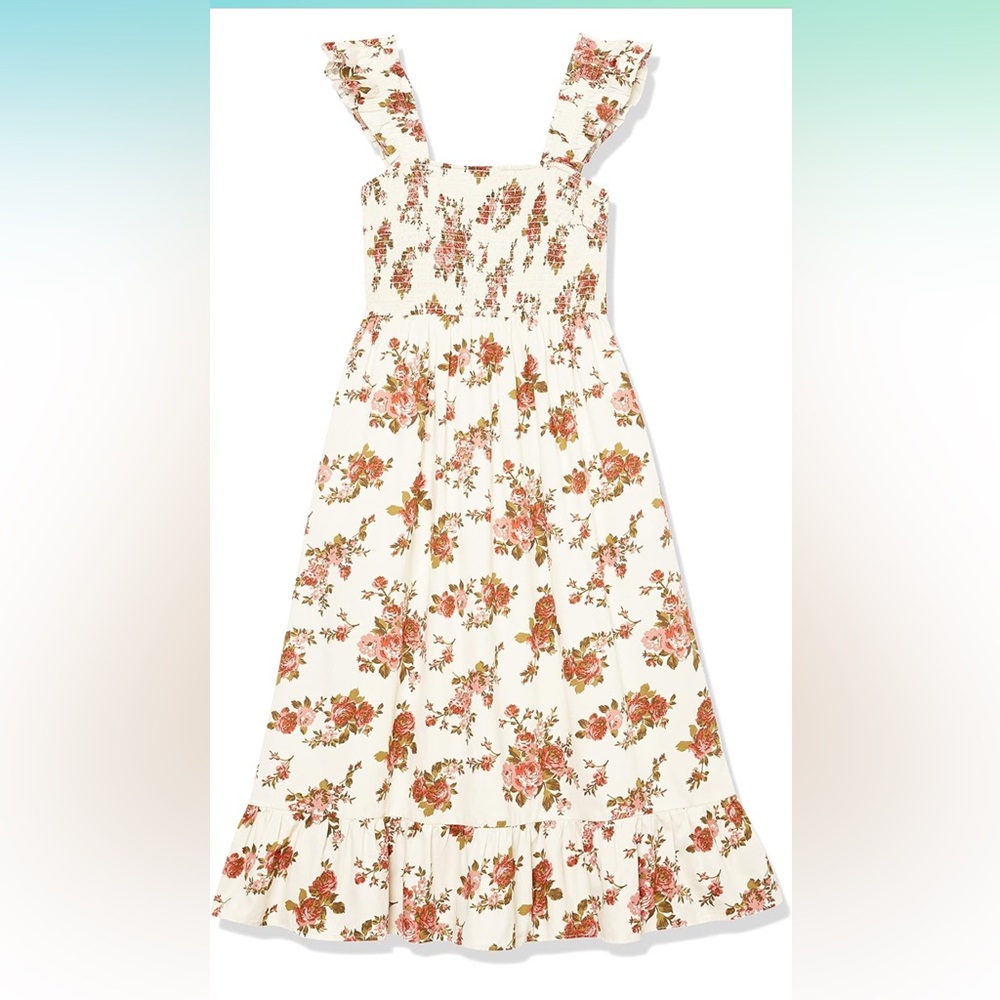 The Drop Kimi Ruffled Shoulder Smocked Midi Dress Rosette Floral size small NWT
